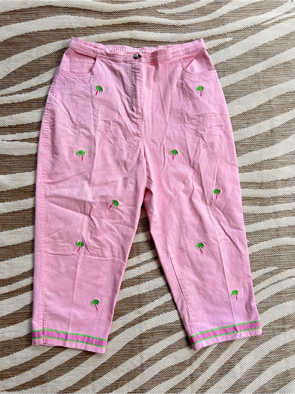 Vintage Pink Embroidered Palm Tree Capri 100% cotton Pants - XL